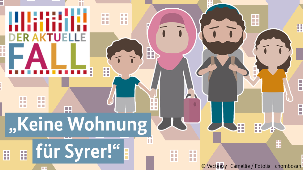 Auf dem Piktogramm ist eine geflüchtete Familie vor einem Hintergrund aus Häusern zu sehen. (Quelle: Hintergrund: vecteezy.com - Camellie ; Vektor: Fotolia - chombosan) Auf dem Piktogramm ist eine geflüchtete Familie vor einem Hintergrund aus Häusern zu sehen.