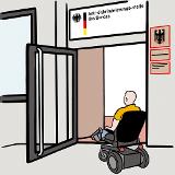 Ein Mann im E- Rollstuhl fährt durch den Eingang von der Anti-Diskriminierungsstelle des Bundes. Ein Mann im E- Rollstuhl fährt durch den Eingang von der Anti-Diskriminierungsstelle des Bundes.