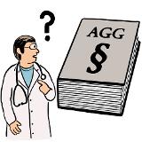 Ein Arzt neben einem Gesetzbuch. Auf dem Gesetzbuch steht: AGG. Der Arzt schaut fragend auf das Gesetzbuch. Er zeigt mit seinem Finger auf sich selber. Neben ihm ein Fragezeichen. Ein Arzt neben einem Gesetzbuch. Auf dem Gesetzbuch steht: AGG. Der Arzt schaut fragend auf das Gesetzbuch. Er zeigt mit seinem Finger auf sich selber. Neben ihm ein Fragezeichen.