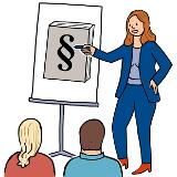 Eine Geschäftsfrau steht neben einem Flipchart. Sie zeigt auf das Flipchart. Auf dem Flipchart ist ein großes Gesetzbuch. Vor dem Flipper Chart stehen zwei Personen und schauen auf das Flipchart. Eine Geschäftsfrau steht neben einem Flipchart. Sie zeigt auf das Flipchart. Auf dem Flipchart ist ein großes Gesetzbuch. Vor dem Flipper Chart stehen zwei Personen und schauen auf das Flipchart.