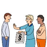 Drei Personen stehen nebeneinander. Die zwei äußeren Männer schauen sich böse an. Die Frau in der Mitte hält dem linken Mann eine Stopphand entgegen. Und sie hat ein Gesetz Buch in der Hand. Drei Personen stehen nebeneinander. Die zwei äußeren Männer schauen sich böse an. Die Frau in der Mitte hält dem linken Mann eine Stopphand entgegen. Und sie hat ein Gesetz Buch in der Hand.