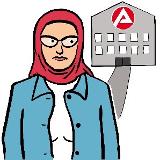 Eine Frau mit Kopf steht vor einem Gebäude. Das Gebäude zeigt ein Logo des Arbeitsamtes Eine Frau mit Kopf steht vor einem Gebäude. Das Gebäude zeigt ein Logo des Arbeitsamtes