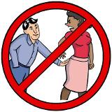 Ein Mann berührt eine ungewollt am Po. Darüber ist ein roter durchgestrichener Kreis. Ein Mann berührt eine ungewollt am Po. Darüber ist ein roter durchgestrichener Kreis.