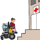 Eine Frau im Rollstuhl kommt aufgrund von Treppenstuffen nicht in ein Krankenhaus. Eine Frau im Rollstuhl kommt aufgrund von Treppenstuffen nicht in ein Krankenhaus.