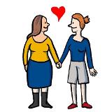 Zwei Frauen halten ihre Hände und Herzen sind über dem Kopf zu sehen Zwei Frauen halten ihre Hände und Herzen sind über dem Kopf zu sehen