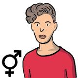 Eine Person mit roten Pullover und dem Geschlechtszeichen männlich und weiblich. Eine Person mit roten Pullover und dem Geschlechtszeichen männlich und weiblich.