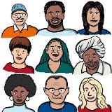 junge und ältere Menschen mit verschiedener Hautfarbe und Kopfbedeckungen junge und ältere Menschen mit verschiedener Hautfarbe und Kopfbedeckungen