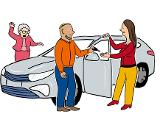 Ein Mann gibt einer Frau einen Autoschlüssel. Sie stehen vor einem neuen Auto. Die Frau hält die Tür von dem Auto auf. Im Hintergrund eine ältere Frau. Sie ruft etwas und schaut zu den Personen vorne. Sie hat die eine Hand oben und d. andere Hand zeigt a Ein Mann gibt einer Frau einen Autoschlüssel. Sie stehen vor einem neuen Auto. Die Frau hält die Tür von dem Auto auf. Im Hintergrund eine ältere Frau. Sie ruft etwas und schaut zu den Personen vorne. Sie hat die eine Hand oben und d. andere Hand zeigt a