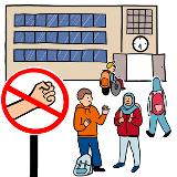 Auf einem Schulhof ist ein Verbotsschild. Auf dem Verbotsschild ist eine durchgestrichene Faust. Auf dem Schulhof sind Schülerinnen und Schüler. Im Hintergrund ist ein Schulgebäude. Auf einem Schulhof ist ein Verbotsschild. Auf dem Verbotsschild ist eine durchgestrichene Faust. Auf dem Schulhof sind Schülerinnen und Schüler. Im Hintergrund ist ein Schulgebäude.
