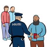 Ein Polizist kontrolliert einen muslimischen Mann mit langem Bart. Der Mann mit Bart hat ein Dokument in der Hand. Der Polizist streckte die Hand aus zu dem Dokument. Im Hintergrund stehen zwei junge Männer. Sie beobachten d. Polizisten und den Mann mit Ein Polizist kontrolliert einen muslimischen Mann mit langem Bart. Der Mann mit Bart hat ein Dokument in der Hand. Der Polizist streckte die Hand aus zu dem Dokument. Im Hintergrund stehen zwei junge Männer. Sie beobachten d. Polizisten und den Mann mit